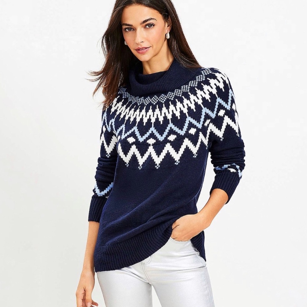 LOFT Navy Fair Isle Sweater Turtleneck Blue White Size Medium Cabincore
